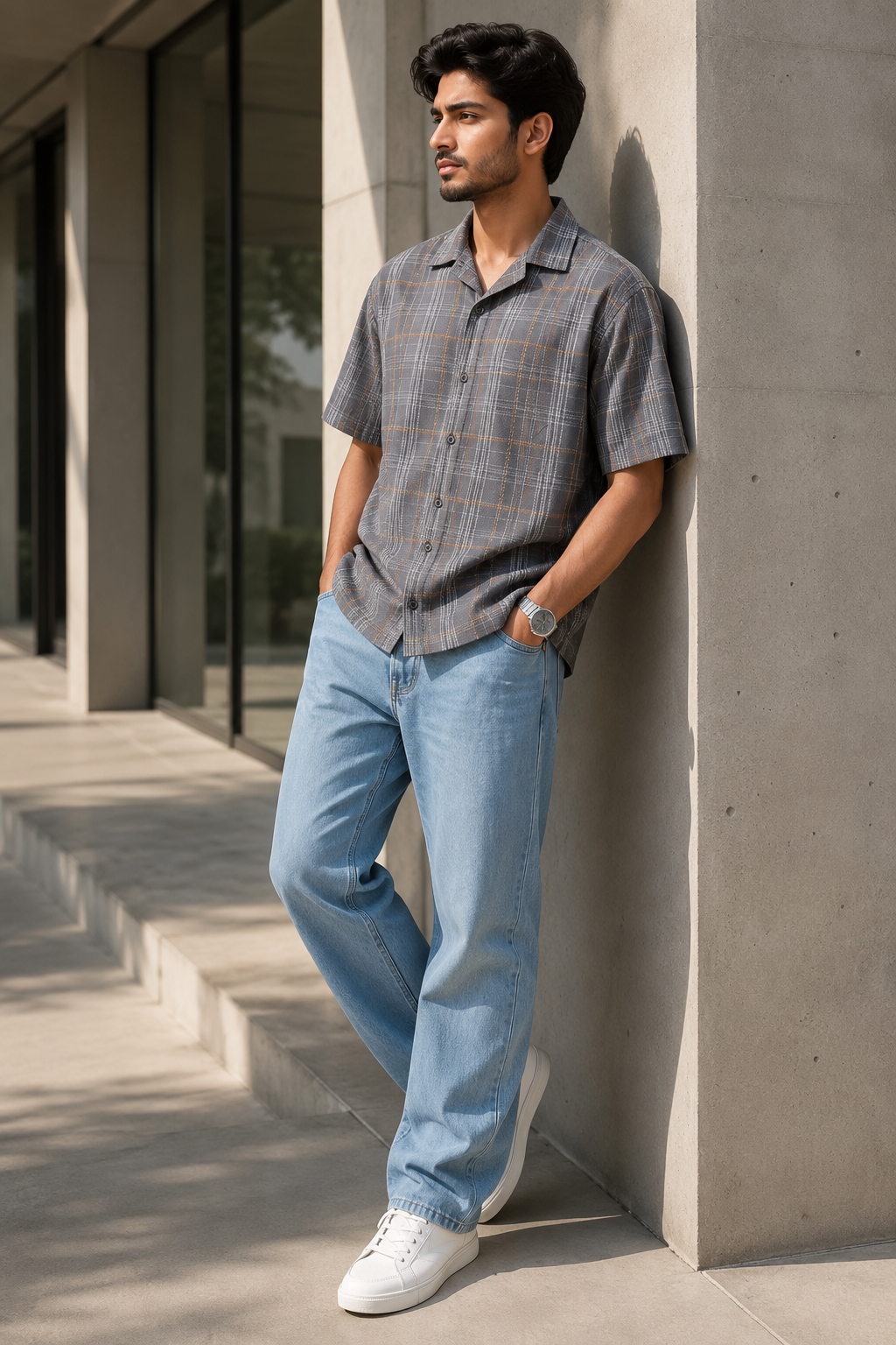 Men's Grey Checkered Cuban Collar Short Sleeve Casual Shirt