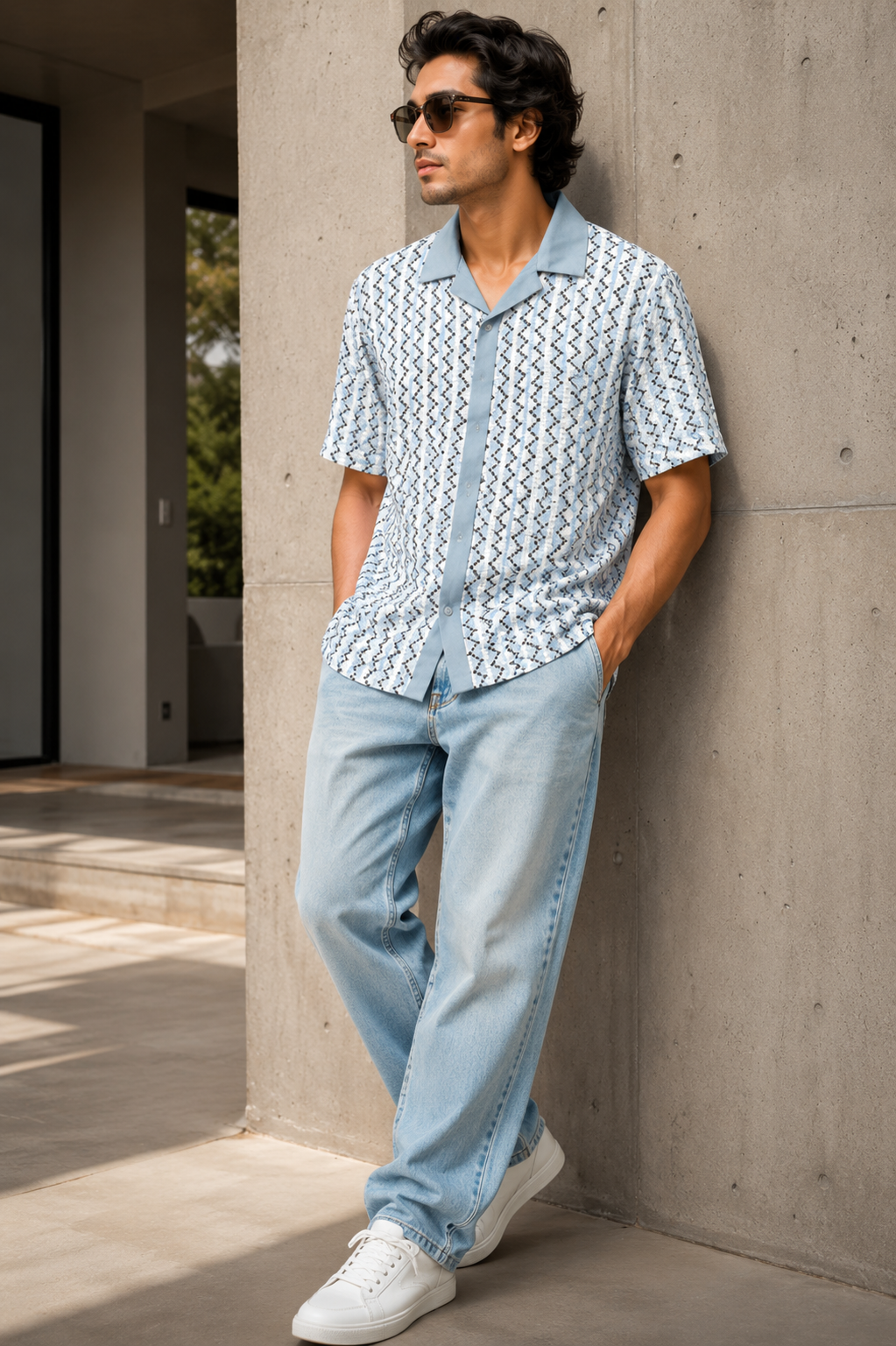 Men's Sky Blue Geometric Cuban Collar Textured Resort Shirt