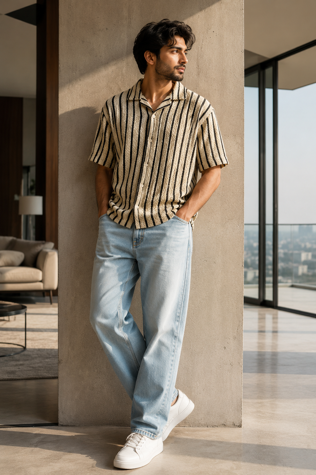 Men's Beige Textured Vertical Stripe Cuban Collar Casual Shirt