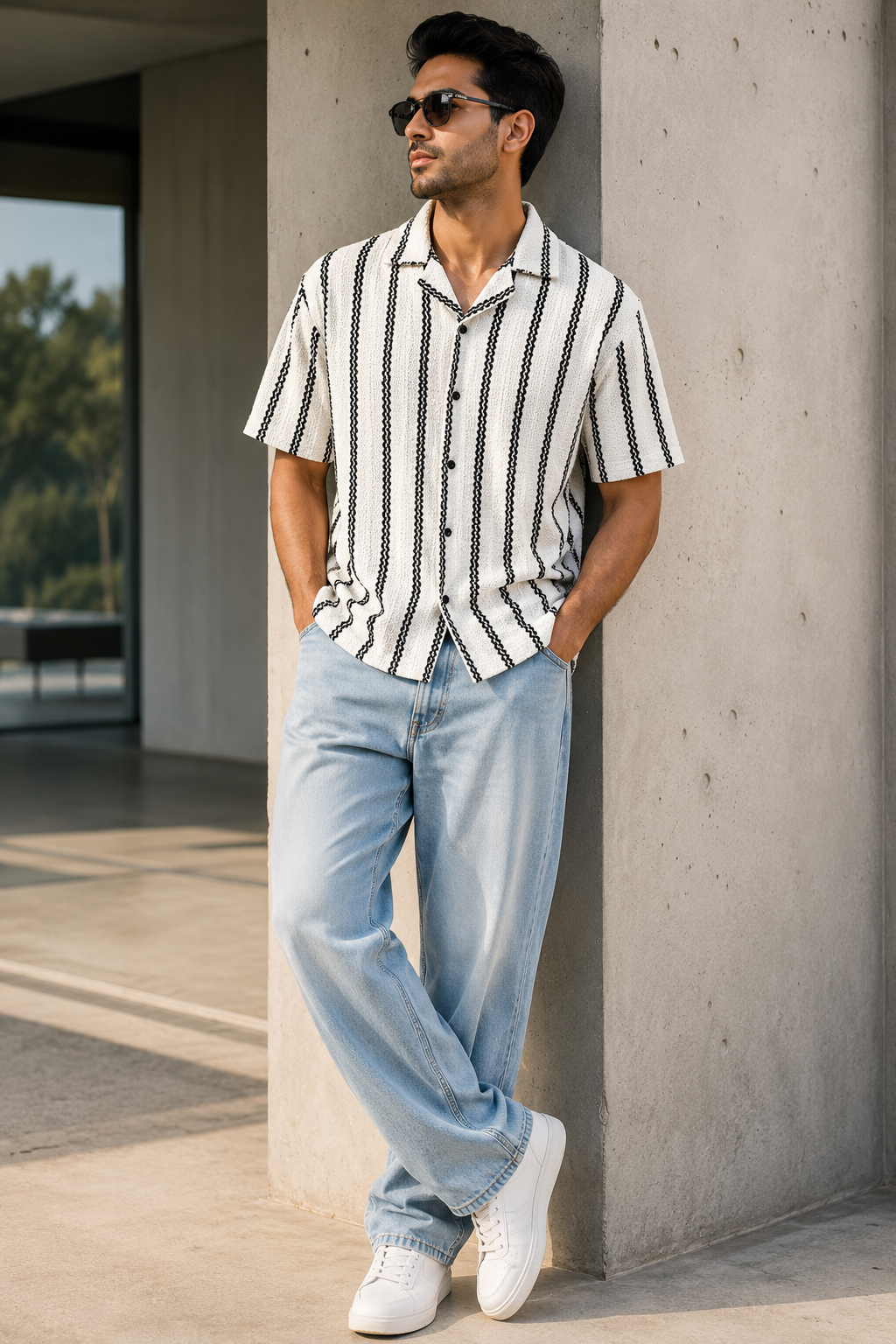 Men's White Textured Vertical Stripe Knitted Cuban Collar Shirt