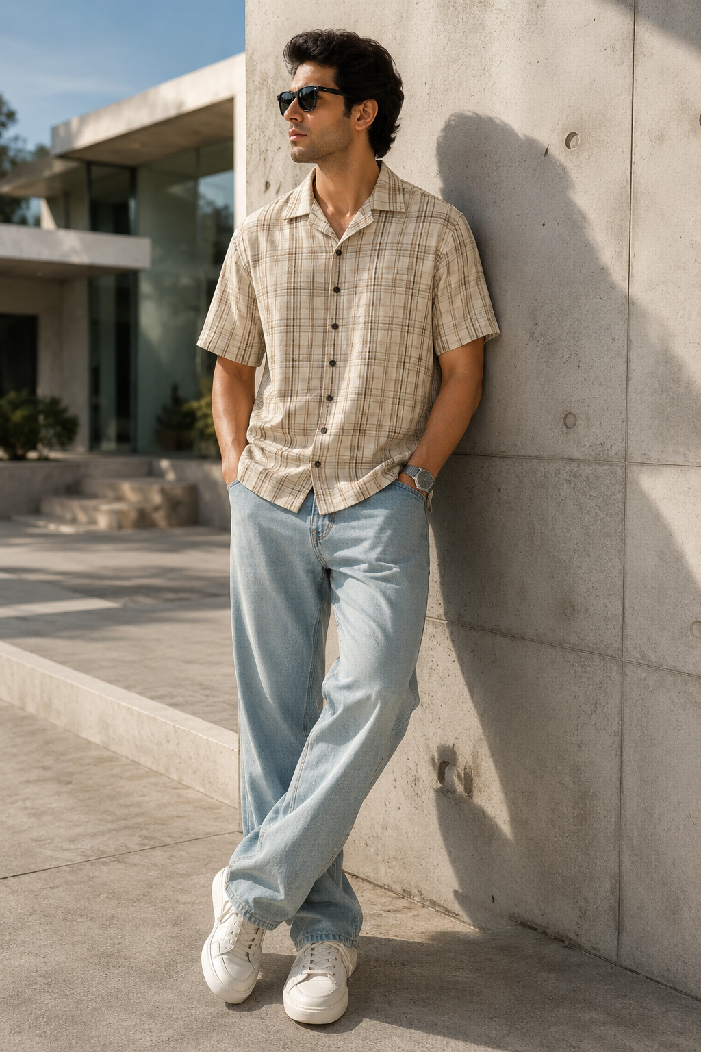 Men's Beige Checkered Cuban Collar Short Sleeve Casual Shirt