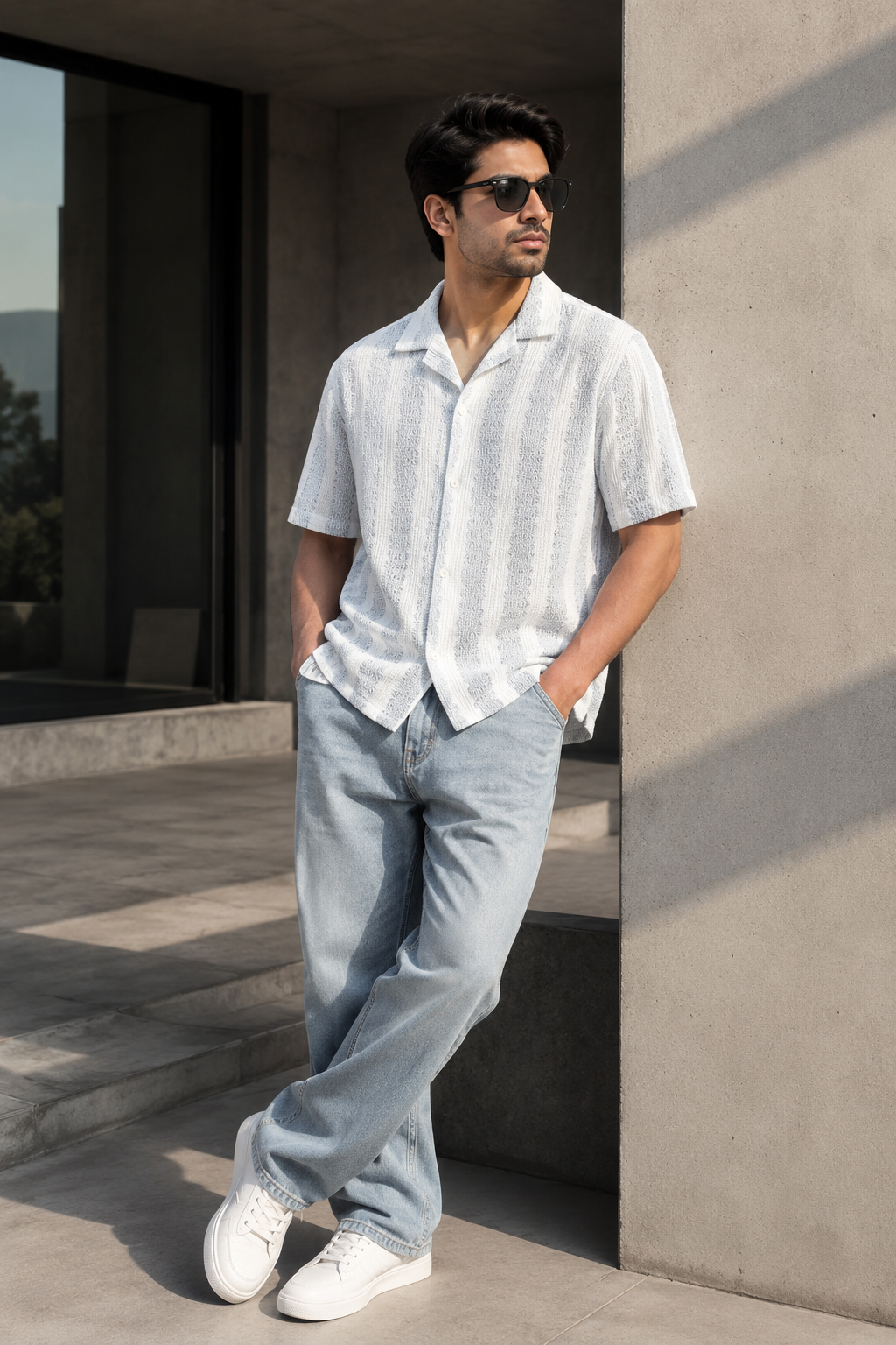 Men's White Textured Vertical Stripe Cuban Collar Resort Shirt
