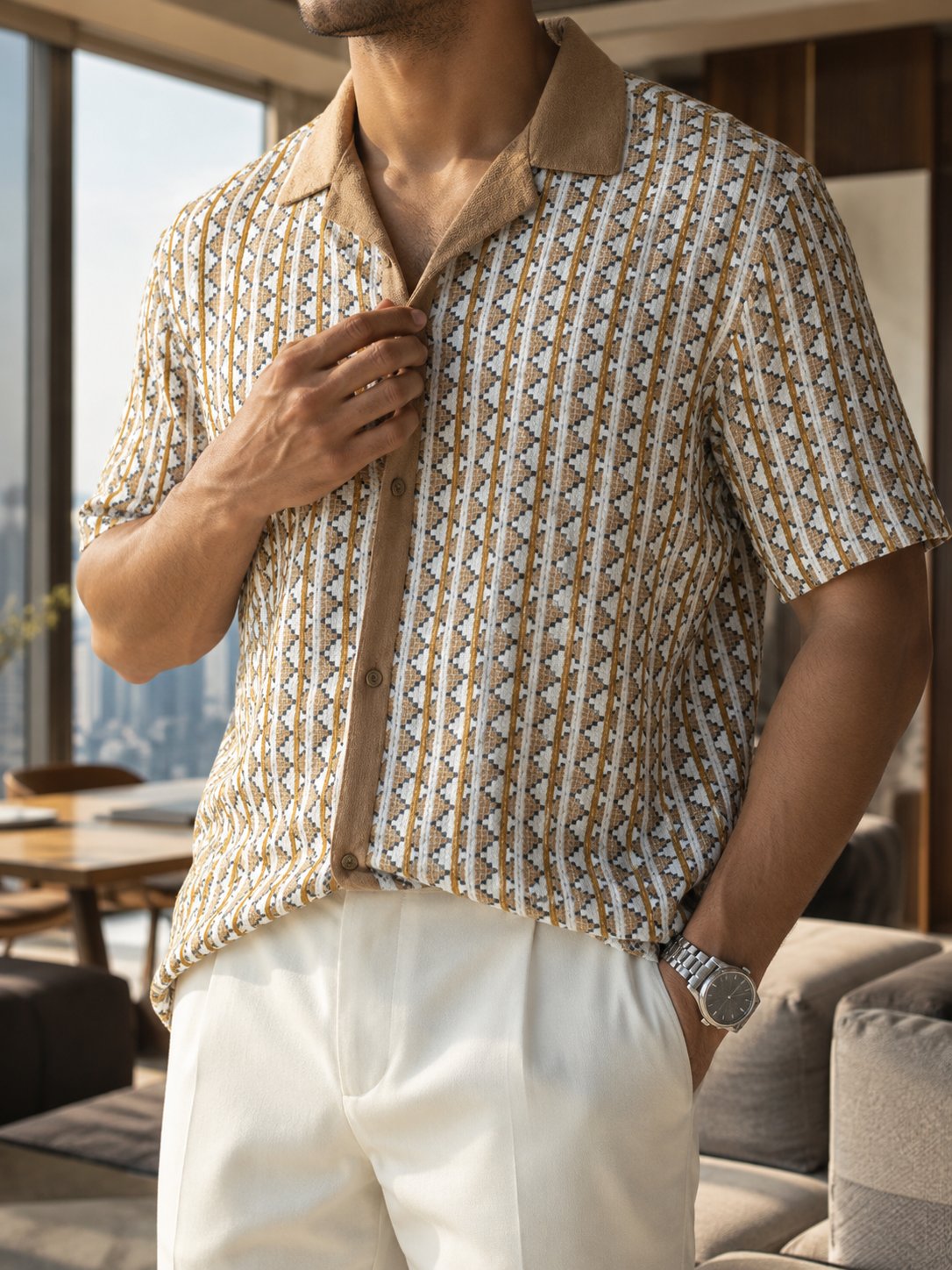 Men's Beige Geometric Textured Cuban Collar Knit Resort Shirt