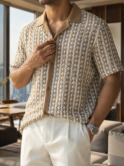 Men's Beige Geometric Textured Cuban Collar Knit Resort Shirt