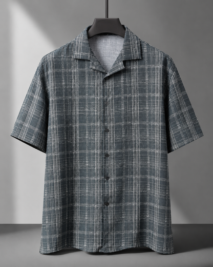 Men's Charcoal Grey Textured Checkered Cuban Collar Casual Shirt