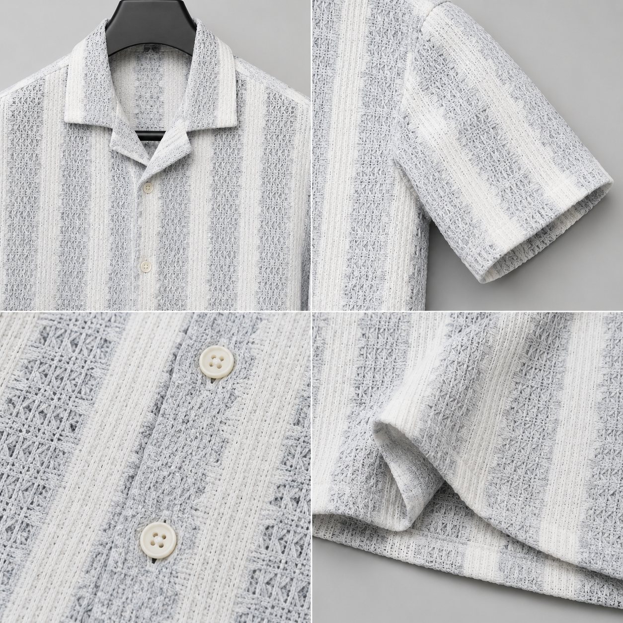 Men's White Textured Vertical Stripe Cuban Collar Resort Shirt