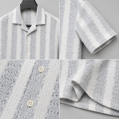 Men's White Textured Vertical Stripe Cuban Collar Resort Shirt