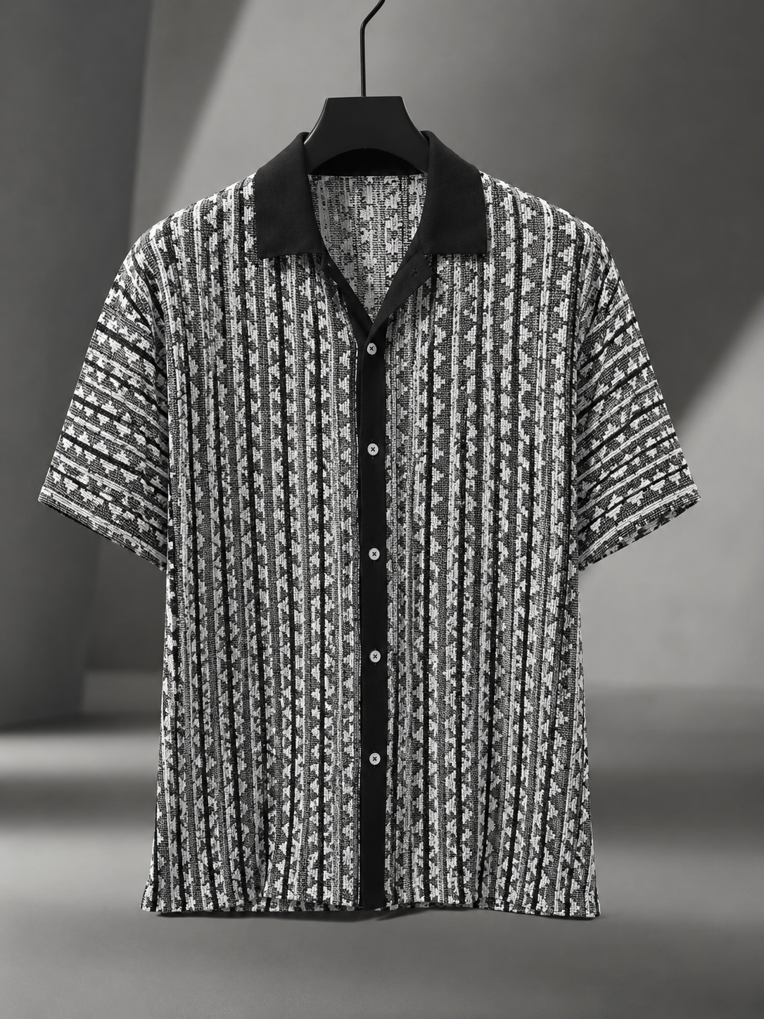 Men's Black White Textured Knitted Cuban Collar Resort Shirt