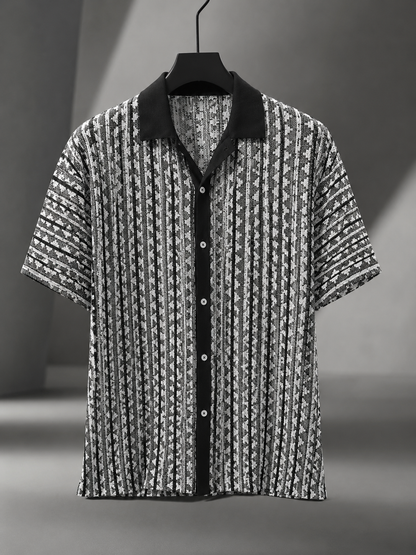 Men's Black White Textured Knitted Cuban Collar Resort Shirt