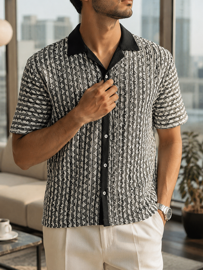 Men's Black White Textured Knitted Cuban Collar Resort Shirt