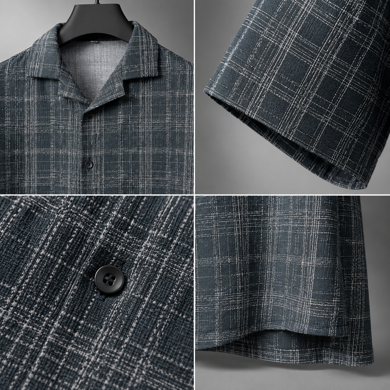 Men's Charcoal Grey Textured Checkered Cuban Collar Casual Shirt