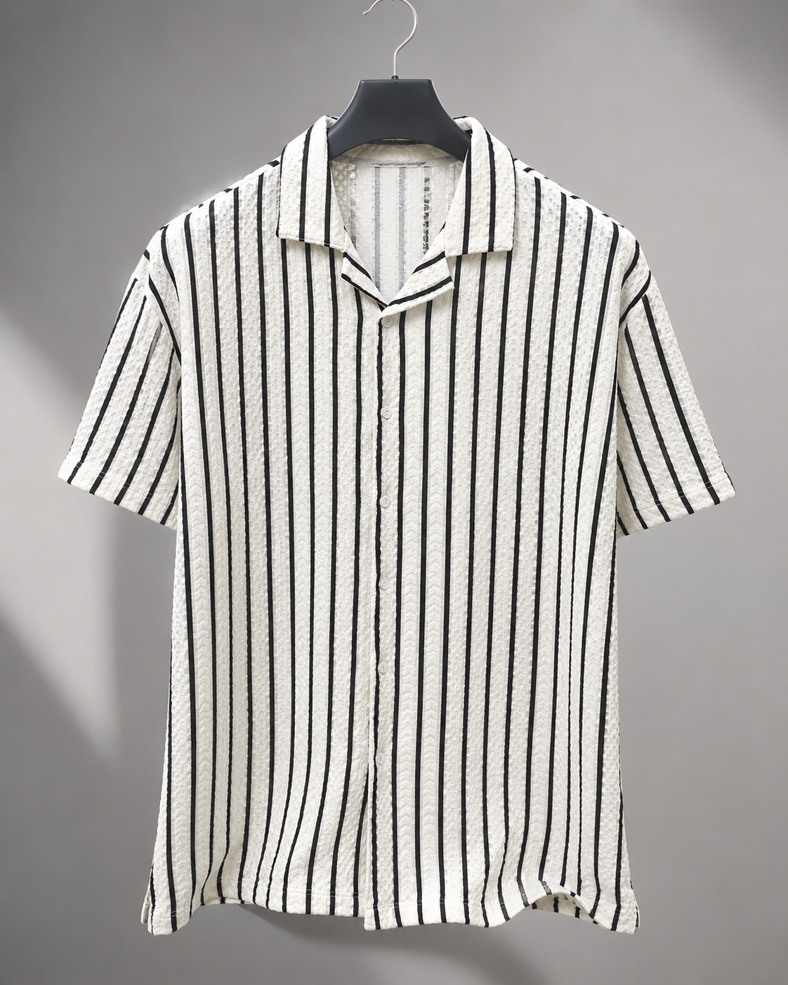 Men's White Vertical Stripe Cuban Collar Textured Casual Shirt