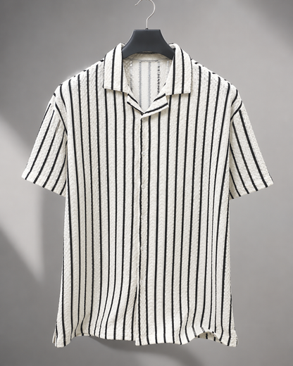 Men's White Vertical Stripe Cuban Collar Textured Casual Shirt