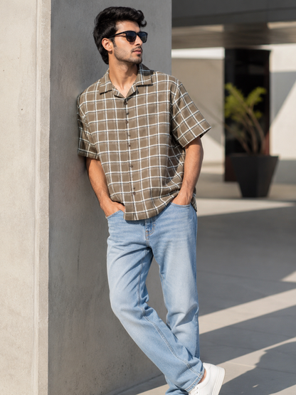 Men's Olive Green Checkered Cuban Collar Short Sleeve Casual Shirt