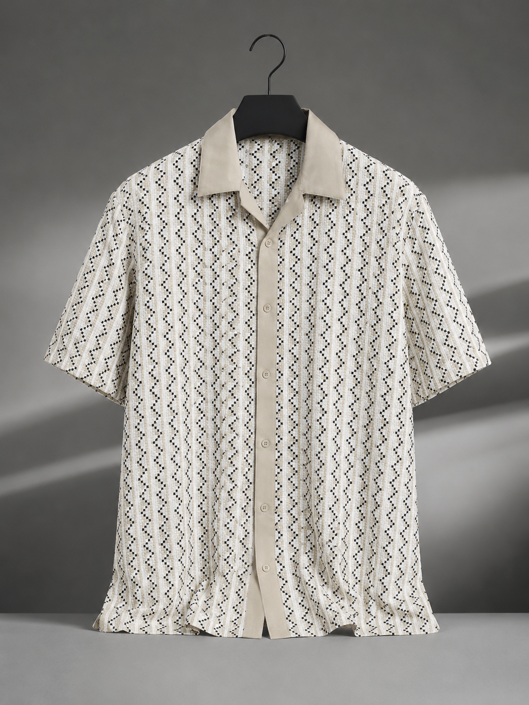 Men's Cream Geometric Textured Cuban Collar Resort Summer Shirt