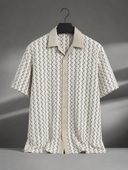 Men's Cream Geometric Textured Cuban Collar Resort Summer Shirt
