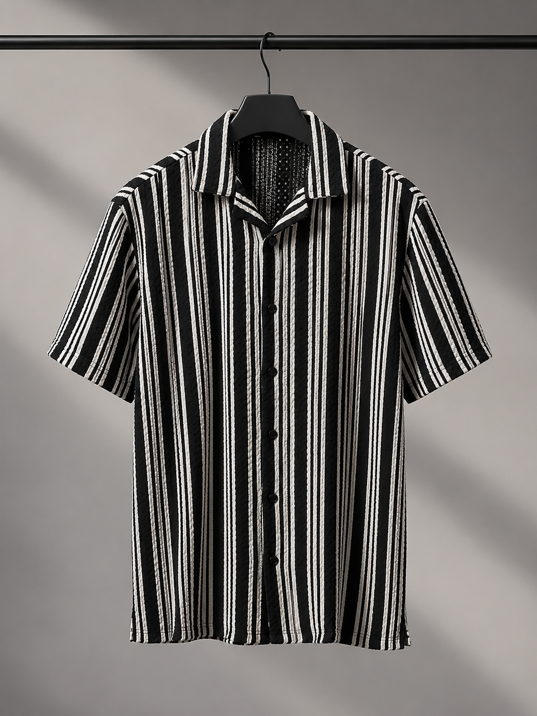 Men's Black & White Vertical Stripe Cuban Collar Casual Shirt