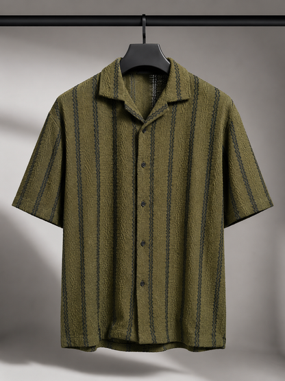 Men's Olive Green Textured Vertical Stripe Knitted Cuban Collar Shirt