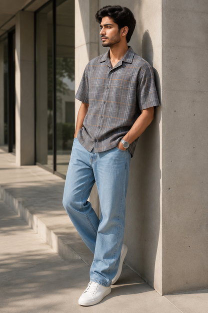Men's Grey Checkered Cuban Collar Short Sleeve Casual Shirt