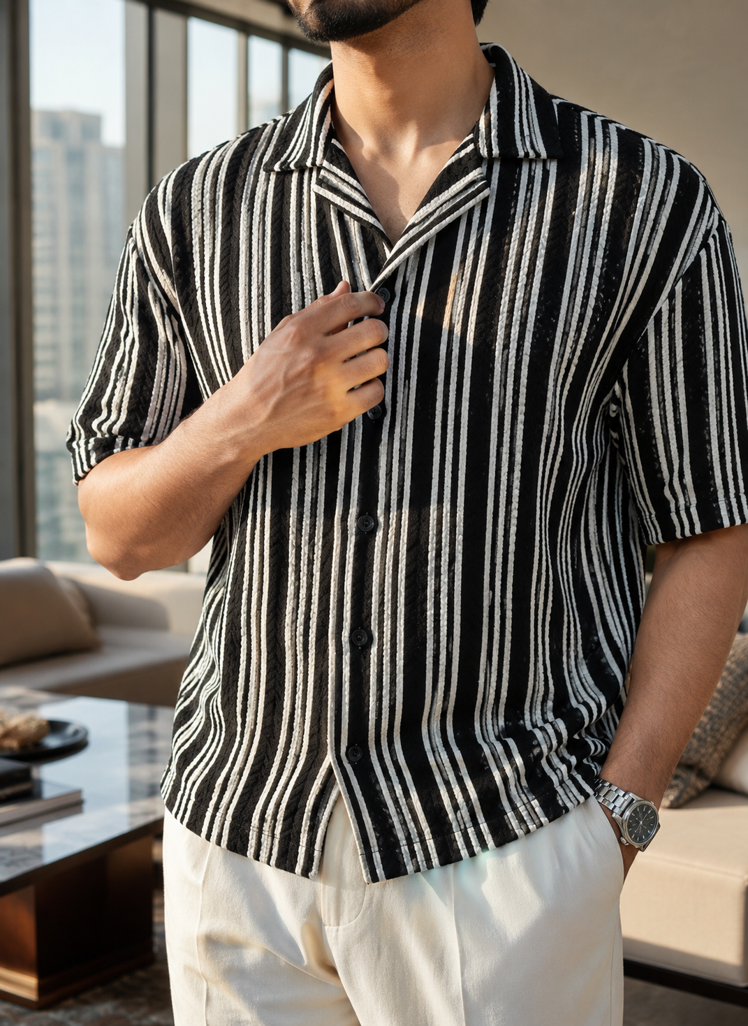 Men's Black & White Vertical Stripe Cuban Collar Casual Shirt
