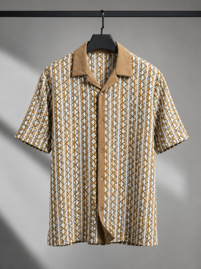 Men's Beige Geometric Textured Cuban Collar Knit Resort Shirt