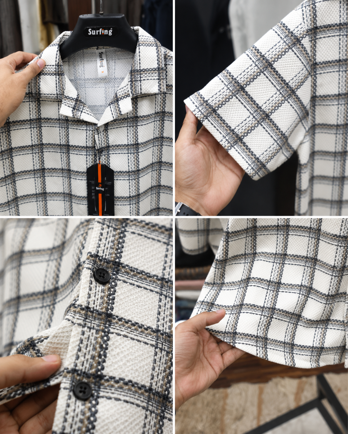 Men's White Checkered Textured Cuban Collar Half Sleeve Casual Shirt