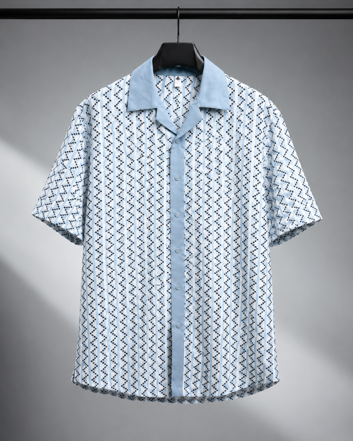 Men's Sky Blue Geometric Cuban Collar Textured Resort Shirt