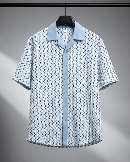 Men's Sky Blue Geometric Cuban Collar Textured Resort Shirt