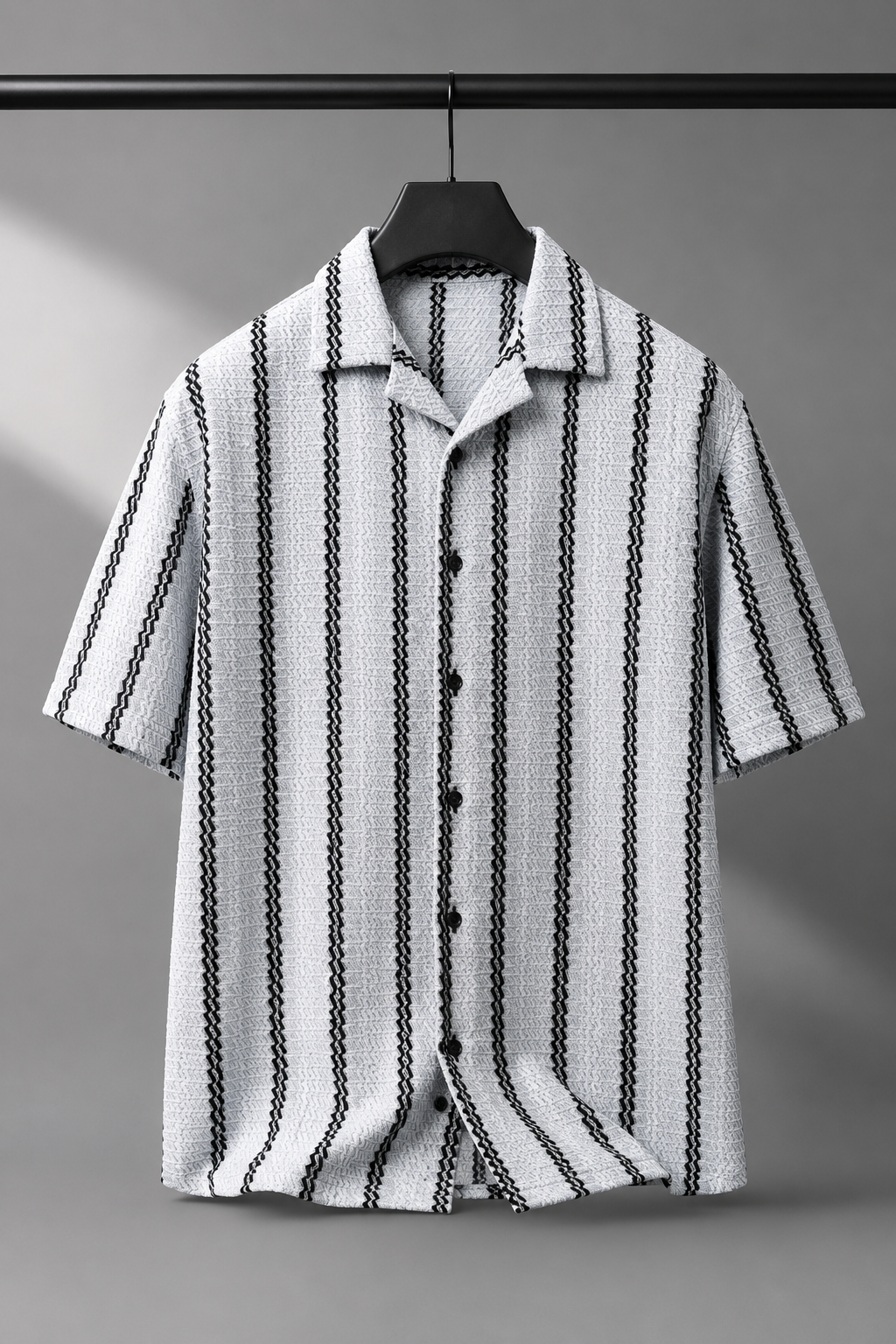 Men's Light Grey Textured Vertical Stripe Knitted Cuban Collar Shirt