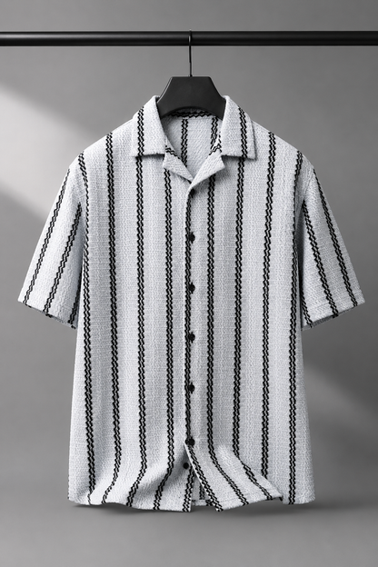 Men's Light Grey Textured Vertical Stripe Knitted Cuban Collar Shirt