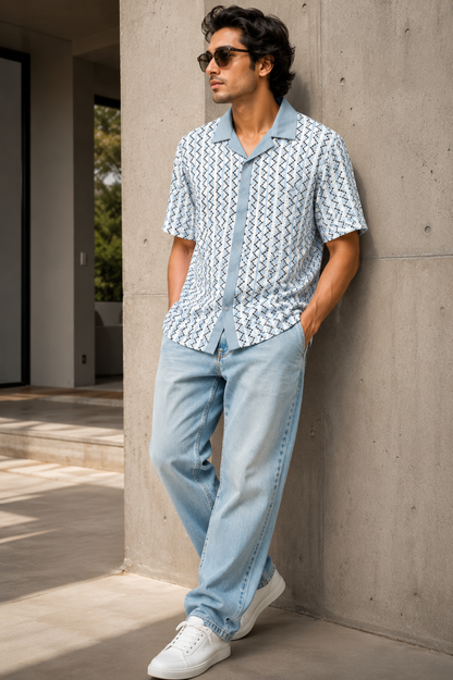 Men's Sky Blue Geometric Cuban Collar Textured Resort Shirt