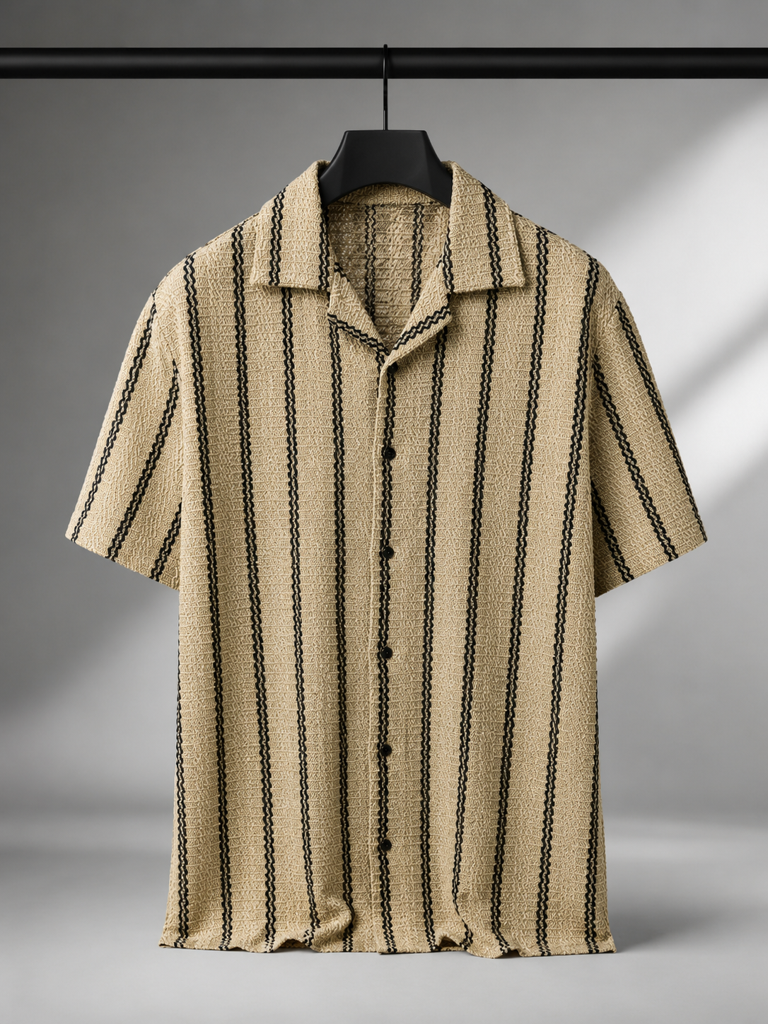 Men's Beige Textured Vertical Stripe Knitted Cuban Collar Shirt