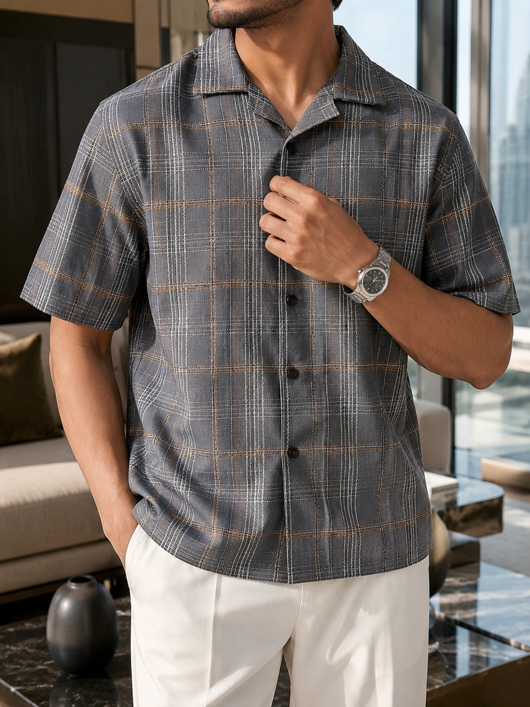 Men's Grey Checkered Cuban Collar Short Sleeve Casual Shirt