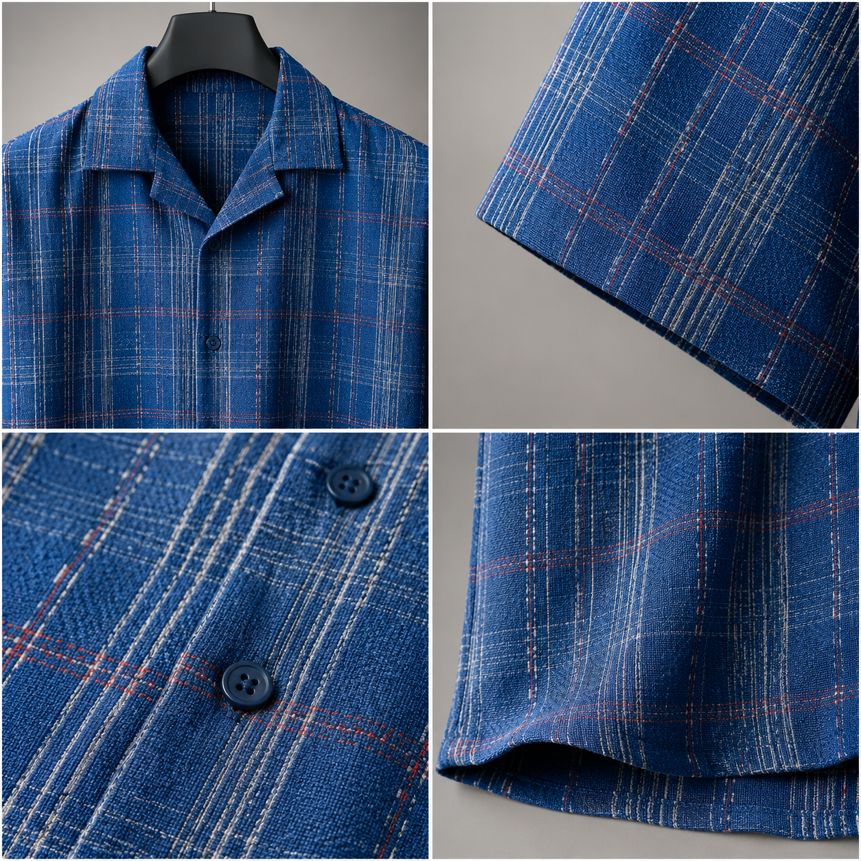 Men's Royal Blue Checkered Cuban Collar Short Sleeve Casual Shirt