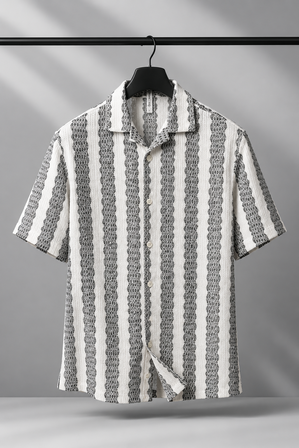 Men's Black Textured Vertical Stripe Cuban Collar Resort Shirt