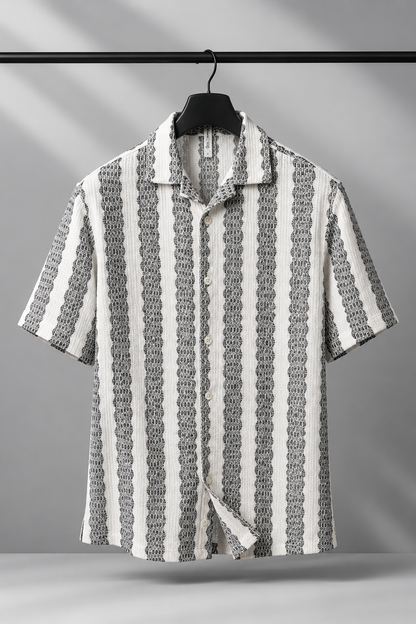 Men's Black Textured Vertical Stripe Cuban Collar Resort Shirt