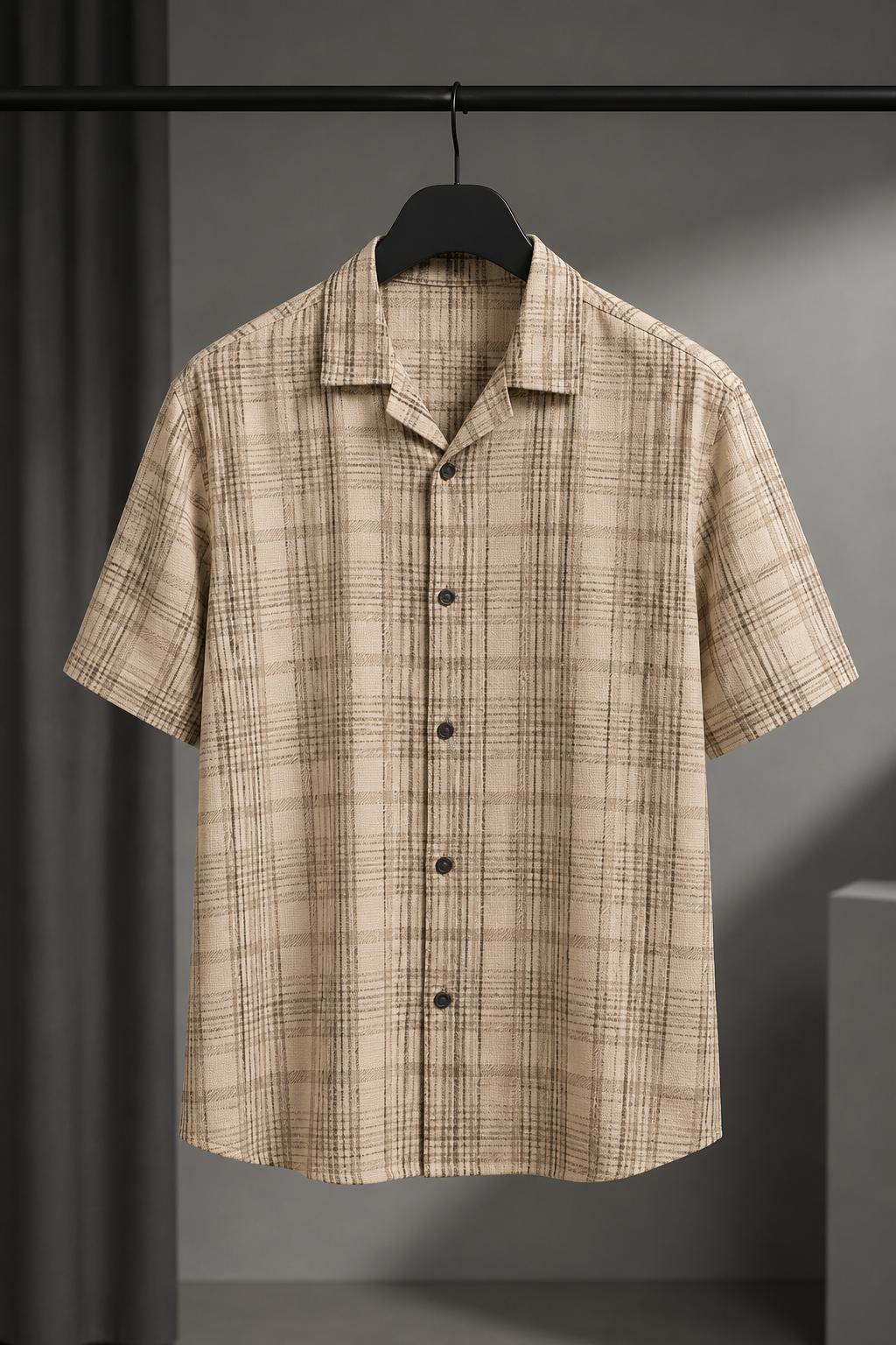 Men's Beige Checkered Cuban Collar Short Sleeve Casual Shirt