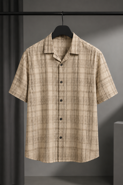 Men's Beige Checkered Cuban Collar Short Sleeve Casual Shirt