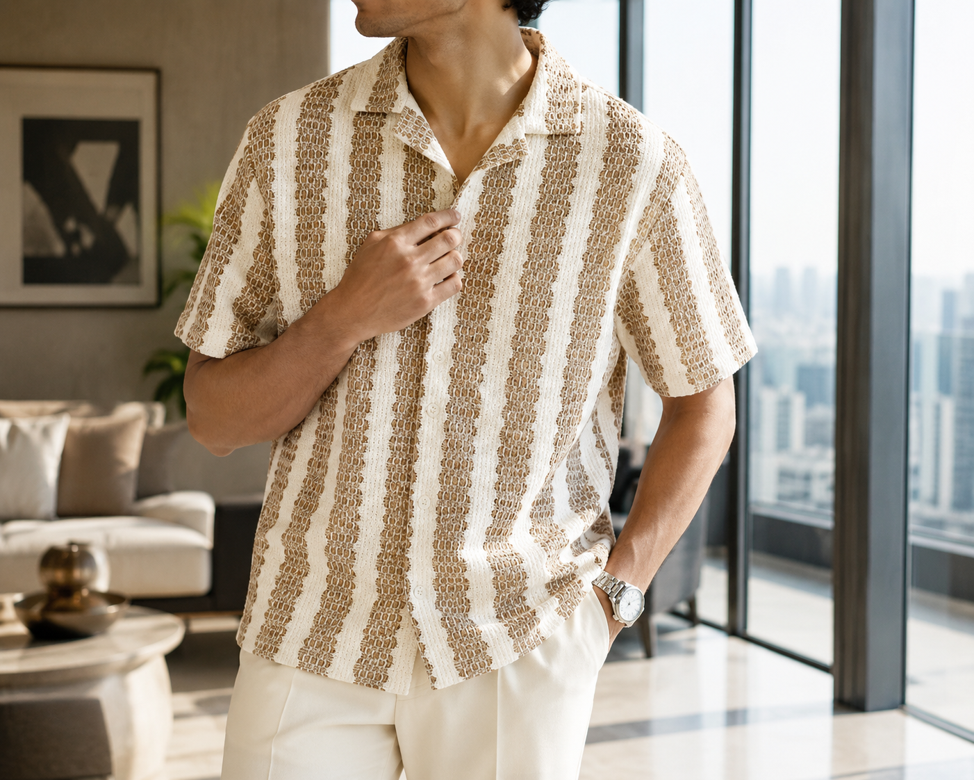 Men's Beige Textured Vertical Stripe Cuban Collar Resort Shirt