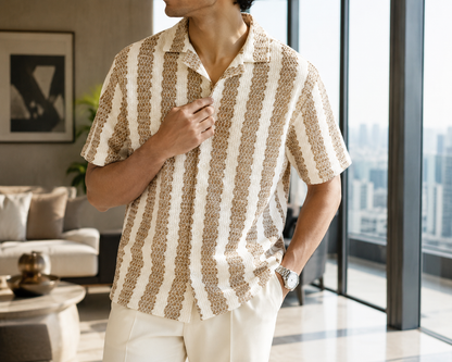 Men's Beige Textured Vertical Stripe Cuban Collar Resort Shirt