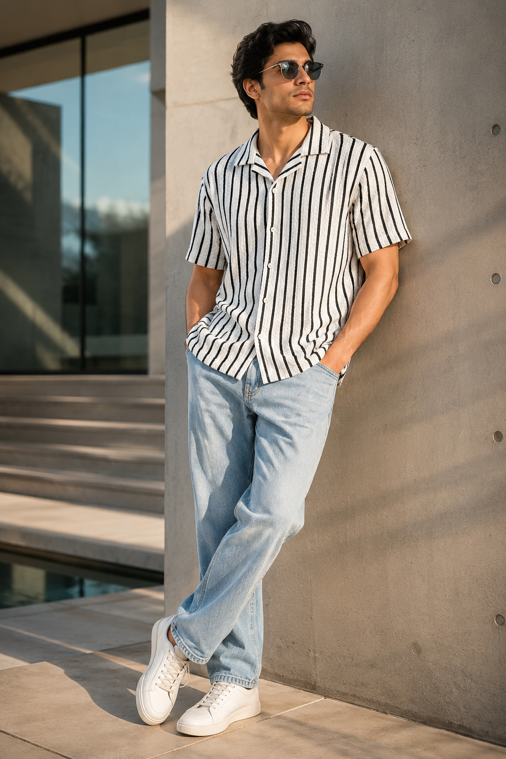 Men's White Vertical Stripe Cuban Collar Textured Casual Shirt