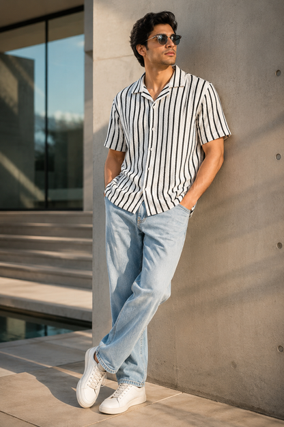 Men's White Vertical Stripe Cuban Collar Textured Casual Shirt