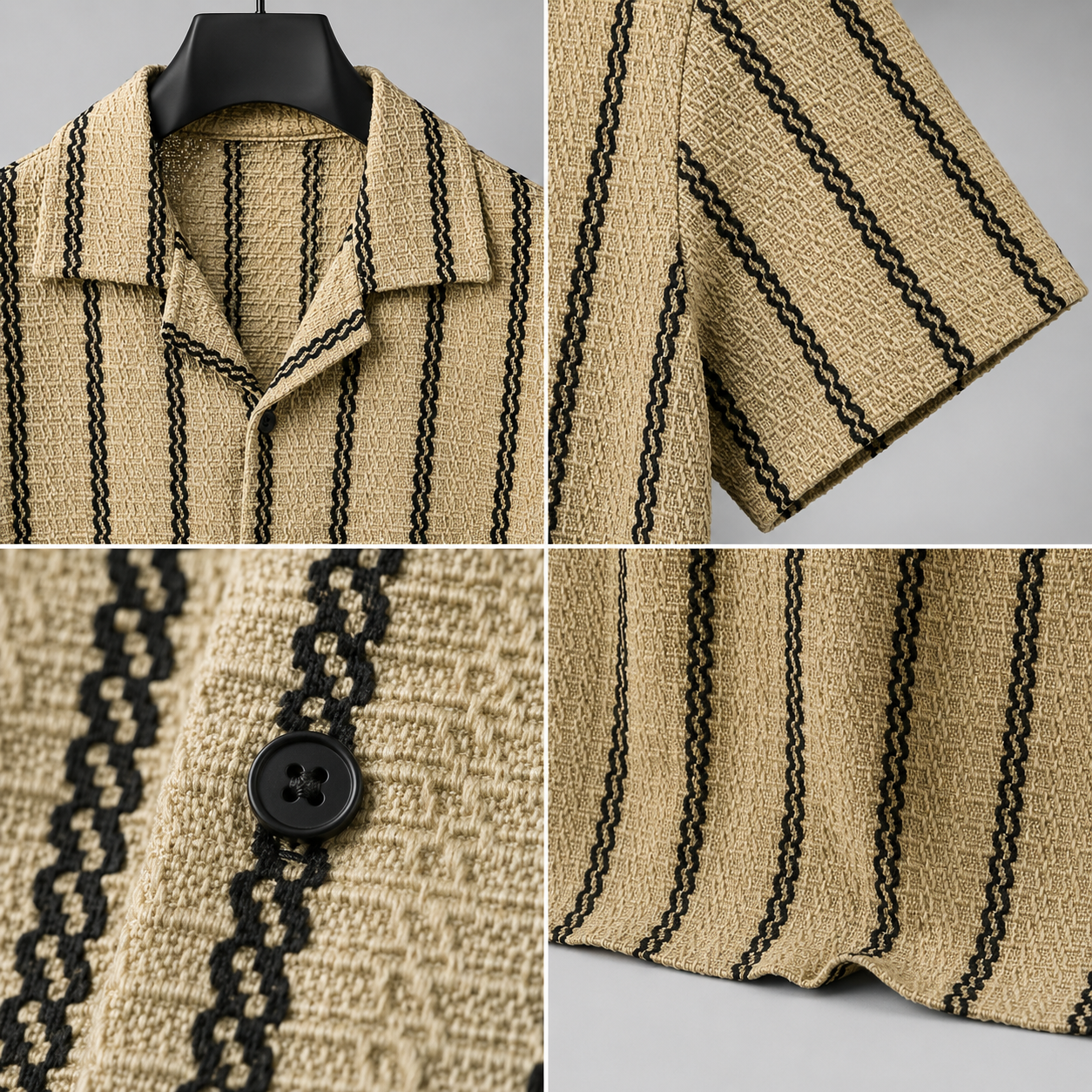 Men's Beige Textured Vertical Stripe Knitted Cuban Collar Shirt