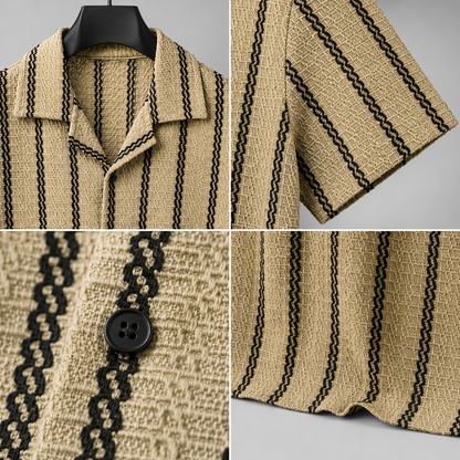 Men's Beige Textured Vertical Stripe Knitted Cuban Collar Shirt