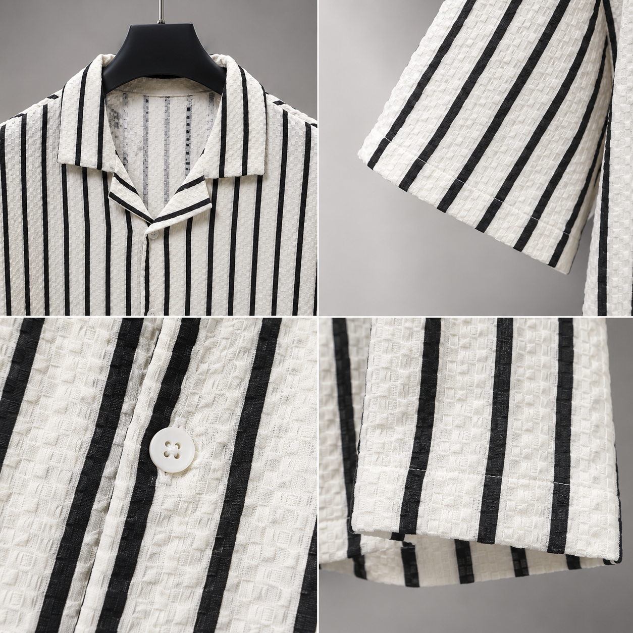 Men's White Vertical Stripe Cuban Collar Textured Casual Shirt