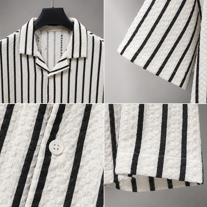 Men's White Vertical Stripe Cuban Collar Textured Casual Shirt