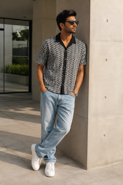 Men's Black White Textured Knitted Cuban Collar Resort Shirt