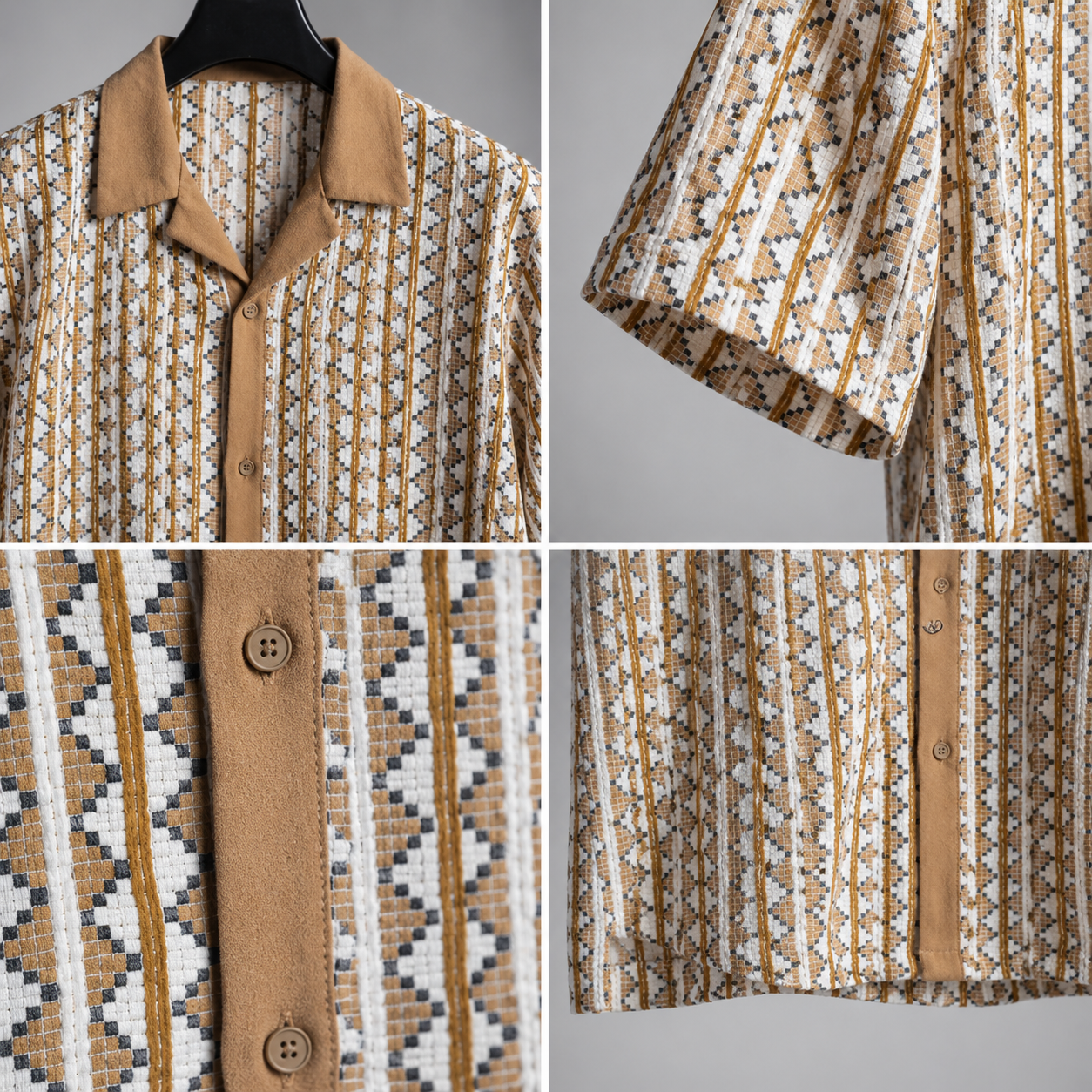 Men's Beige Geometric Textured Cuban Collar Knit Resort Shirt