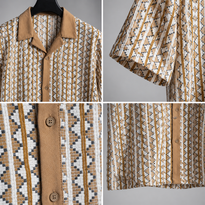 Men's Beige Geometric Textured Cuban Collar Knit Resort Shirt