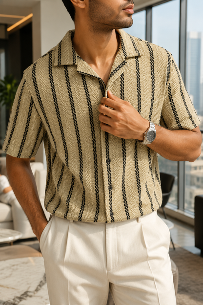 Men's Beige Textured Vertical Stripe Knitted Cuban Collar Shirt